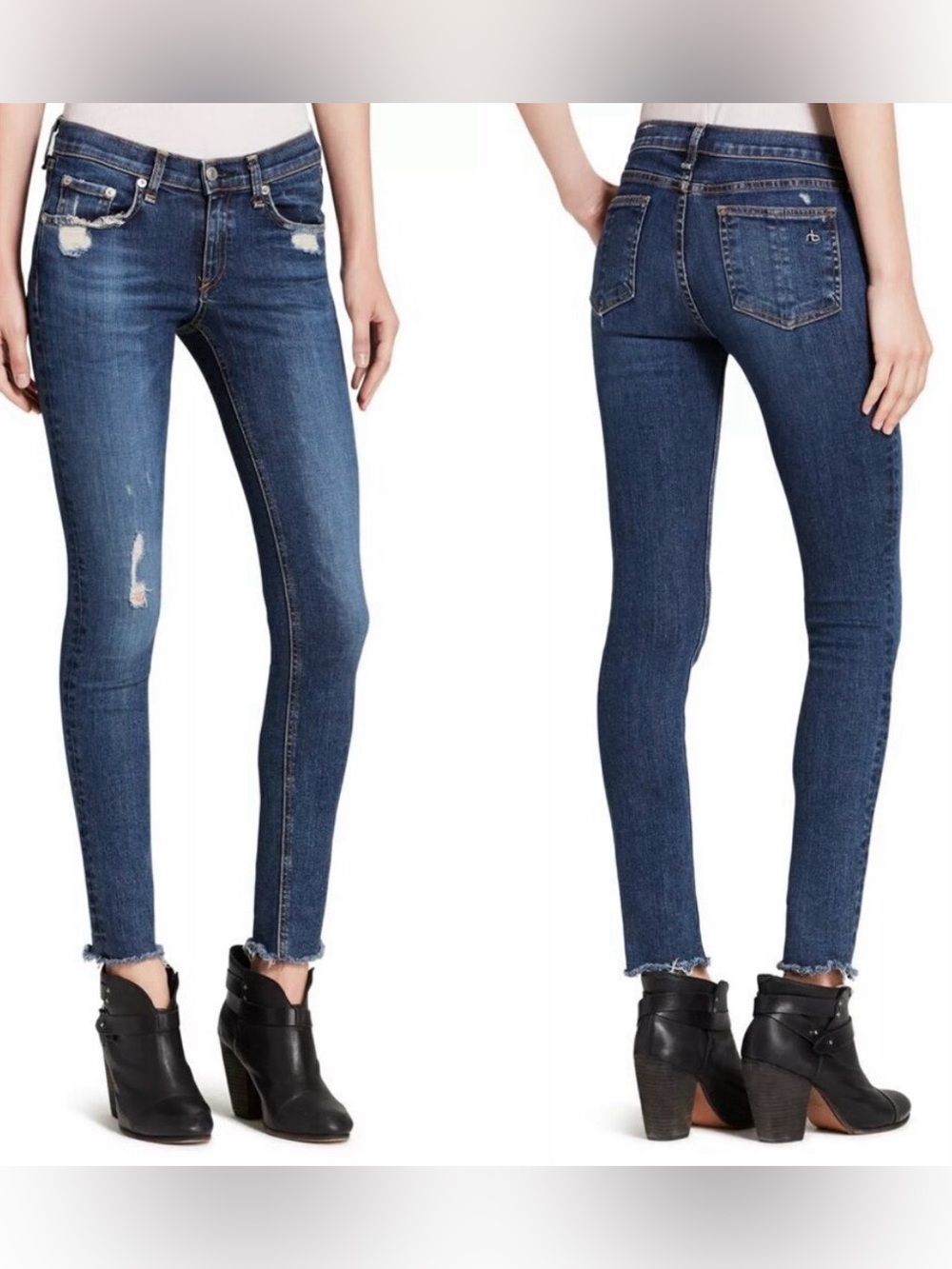 Rag & Bone Dark Blue slightly Distressed low rise raw hem Skinny Jeans, size 27